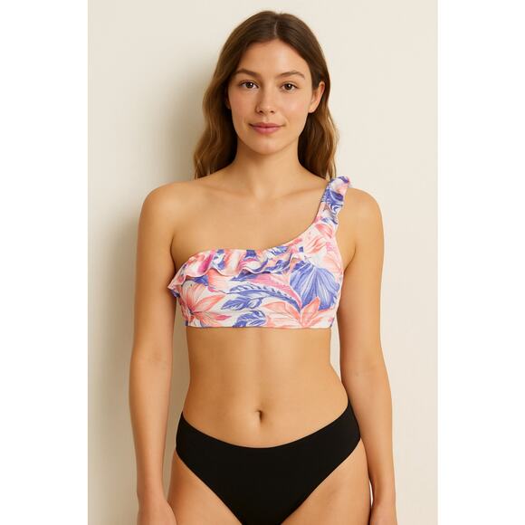 No Boundaries One Shoulder Bikini Top Tropical Ruffle S - Picture 1 of 4